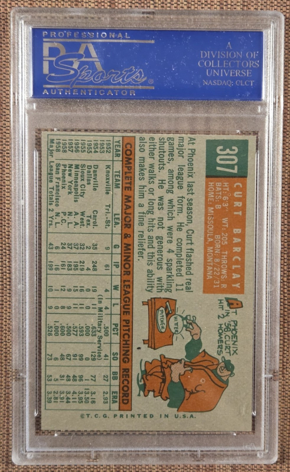 1959 Topps #307 Curt Barclay San Fransico Giants Original Baseball Card PSA 8 OC1