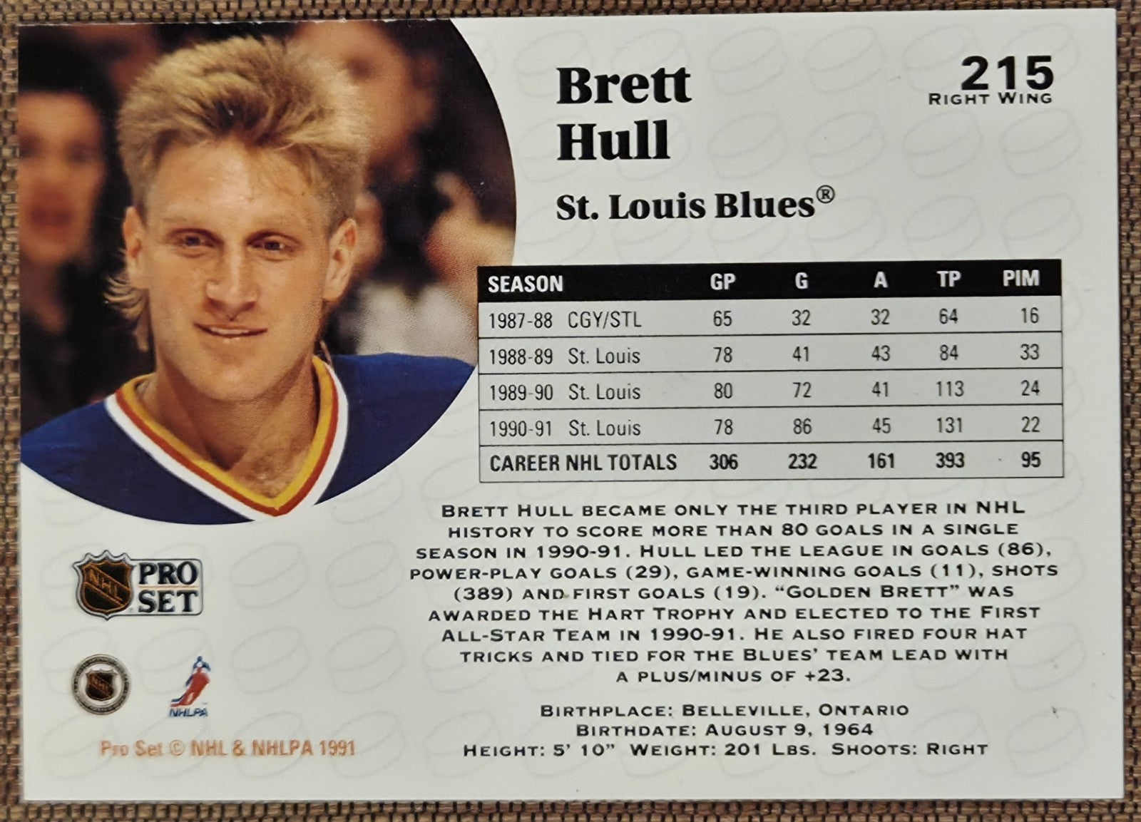 1991 Pro Set #215 Brett Hull St. Louis Blues Original Hockey Card JSA AUTO5