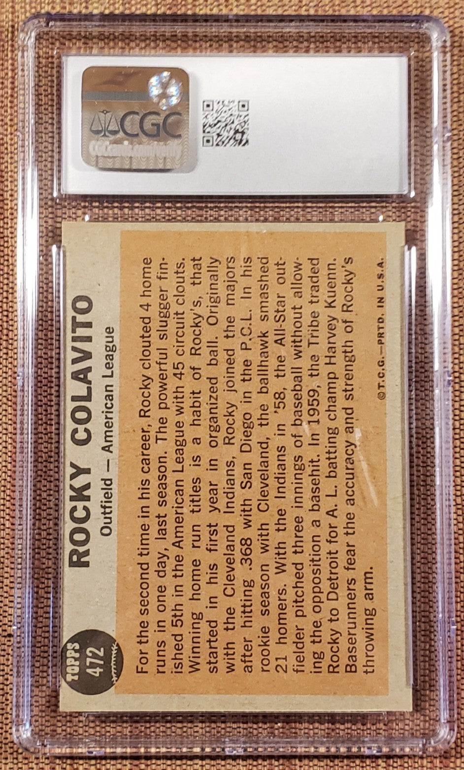 1962 Topps #472 Rocky Colavito Detroit Tigers Indians Dodger Baseball Card CGC 61
