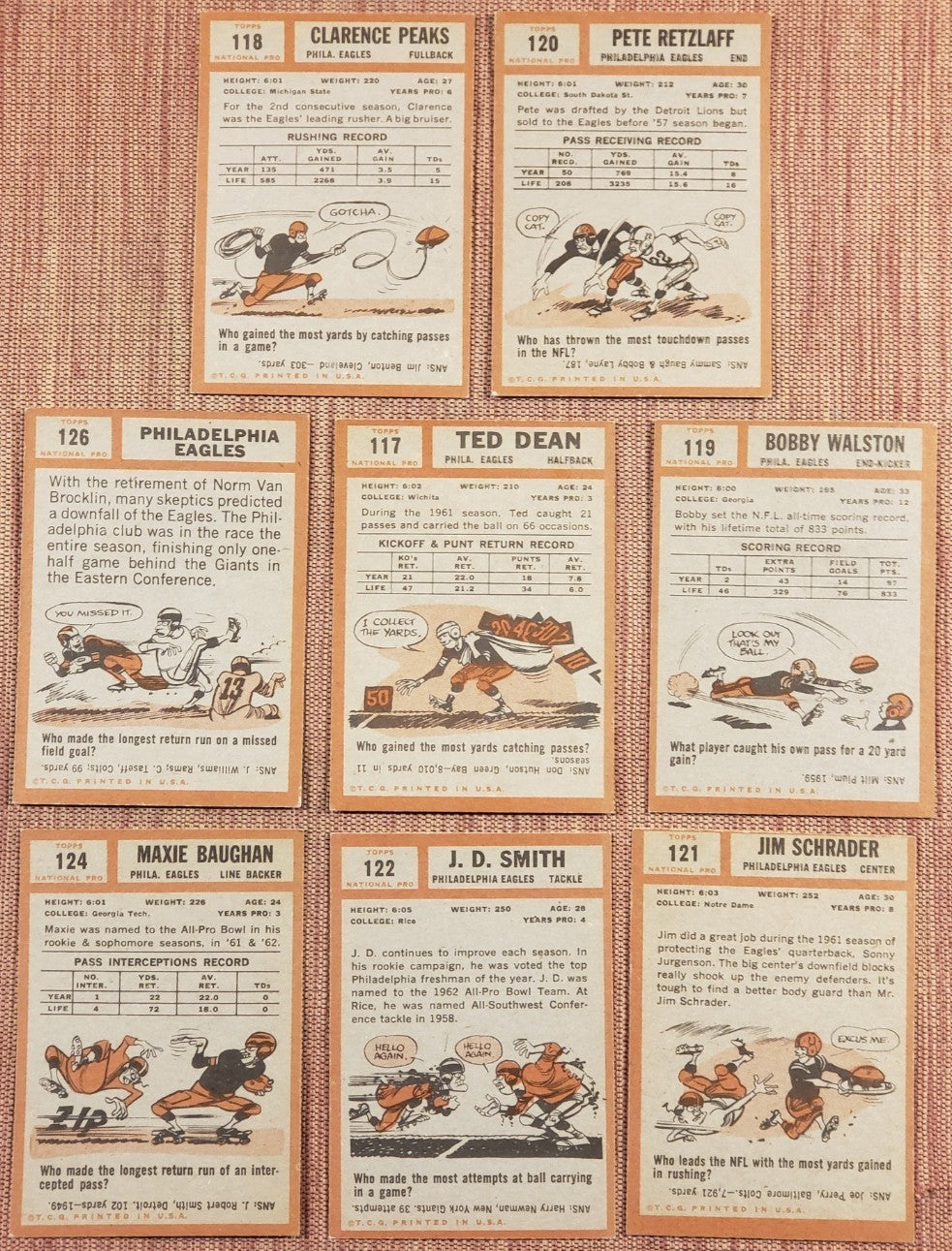 1962 Topps Football Cards Retzlaff SP Dean SP Schrader SP Smith RC Peaks Walston5
