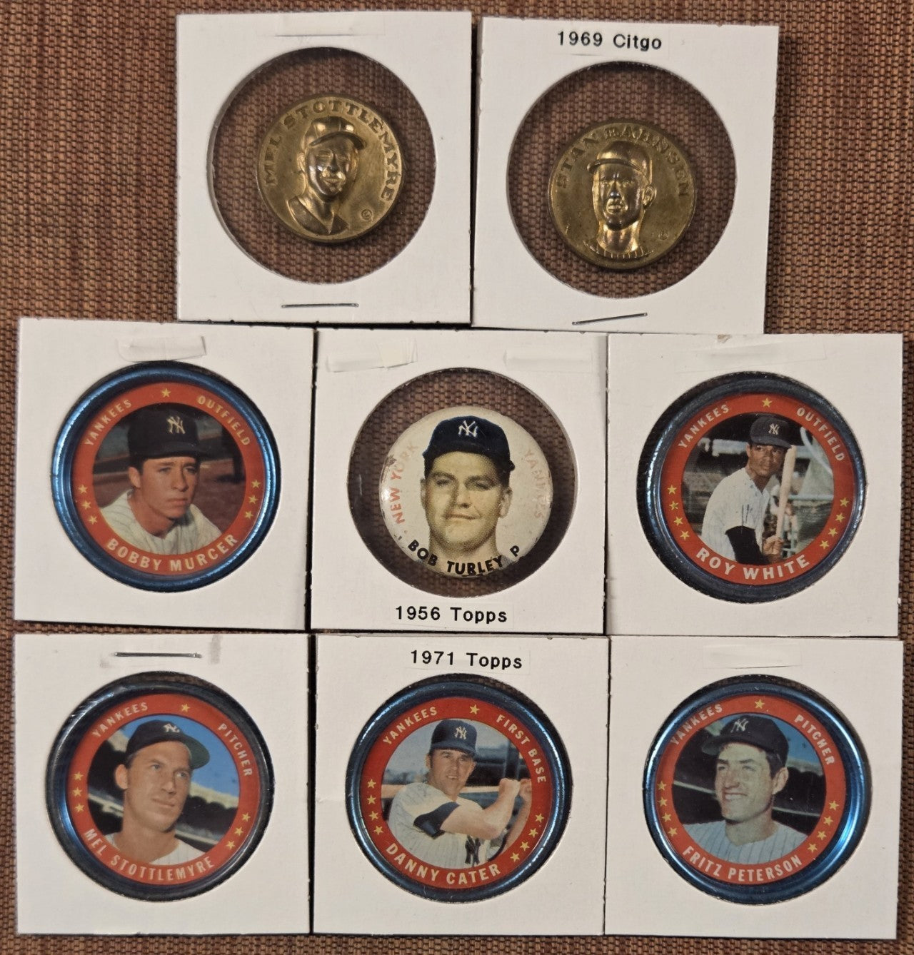 1956 Pin Bob Turley 1969 Citgo Coins Stottlemyre and 1971 Topps Coins Baseball0