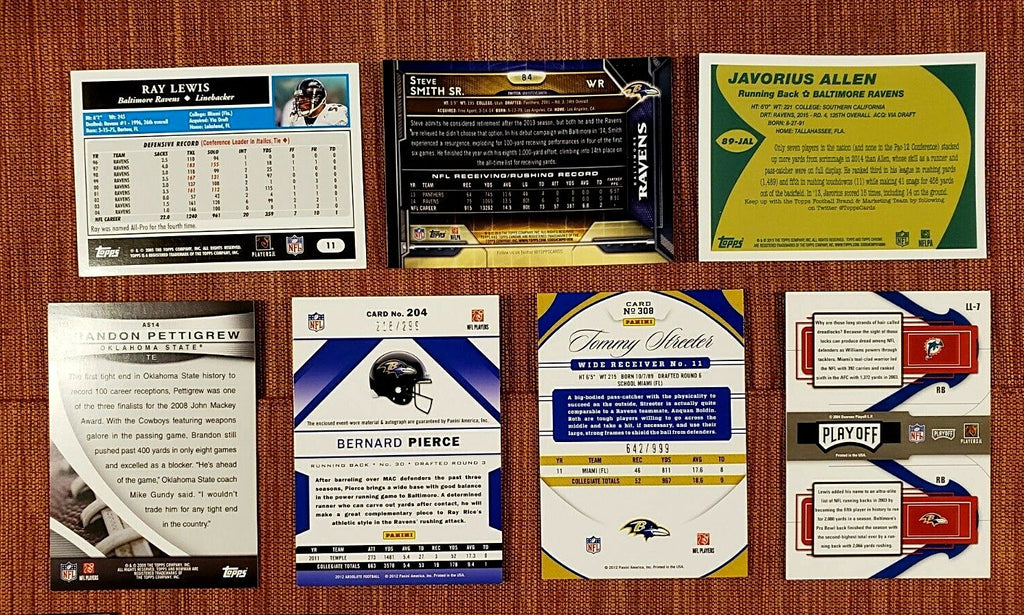 RAVENS FOOTBALL CARDS PIERCE JSY AU RC /299 STOKELY RC FLACCO REFRACTOR REED RAY3