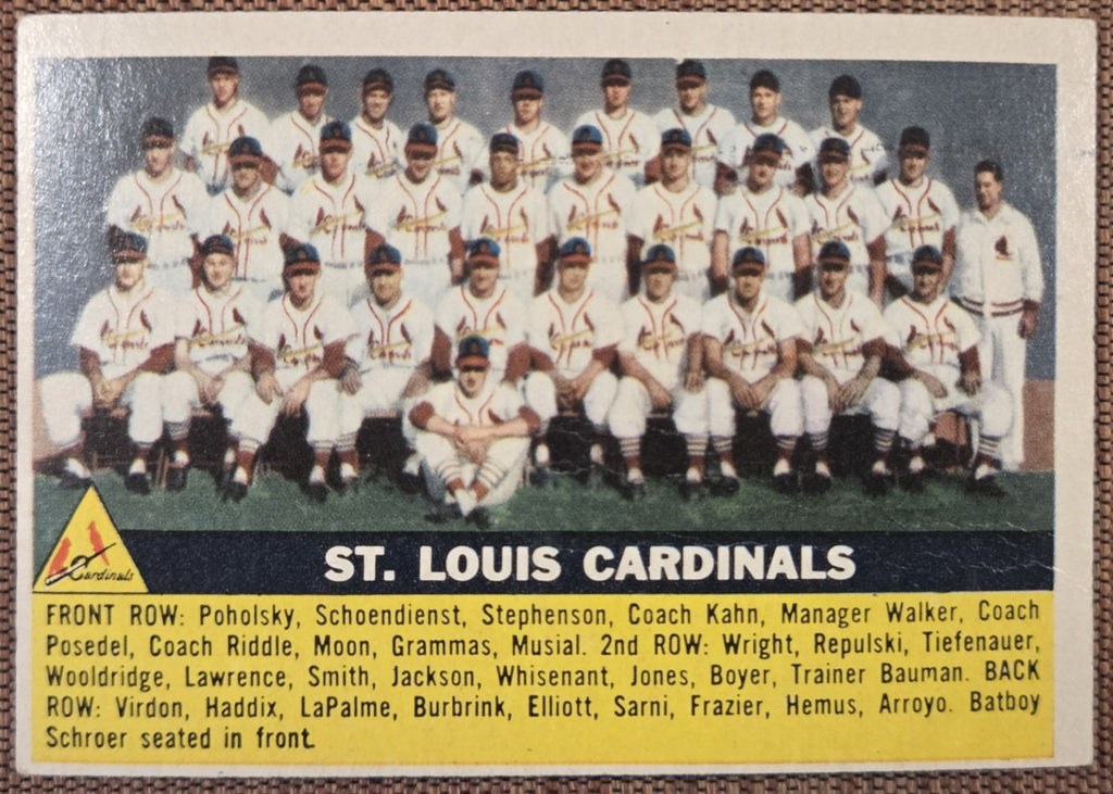 1956 Topps #134 St. Louis Cardinals Musial Moon Boyer Virdon Haddix Schoendienst0