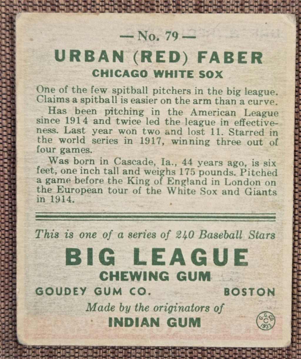 1933 Goudey #79 Urban Red Faber Chicago White Sox Rookie Baseball Card RC HOF6