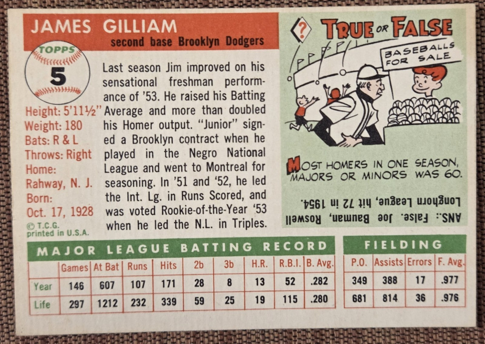 1955 Topps #5 Jim Gilliam Brooklyn Dodgers Authentic Original Baseball Card4