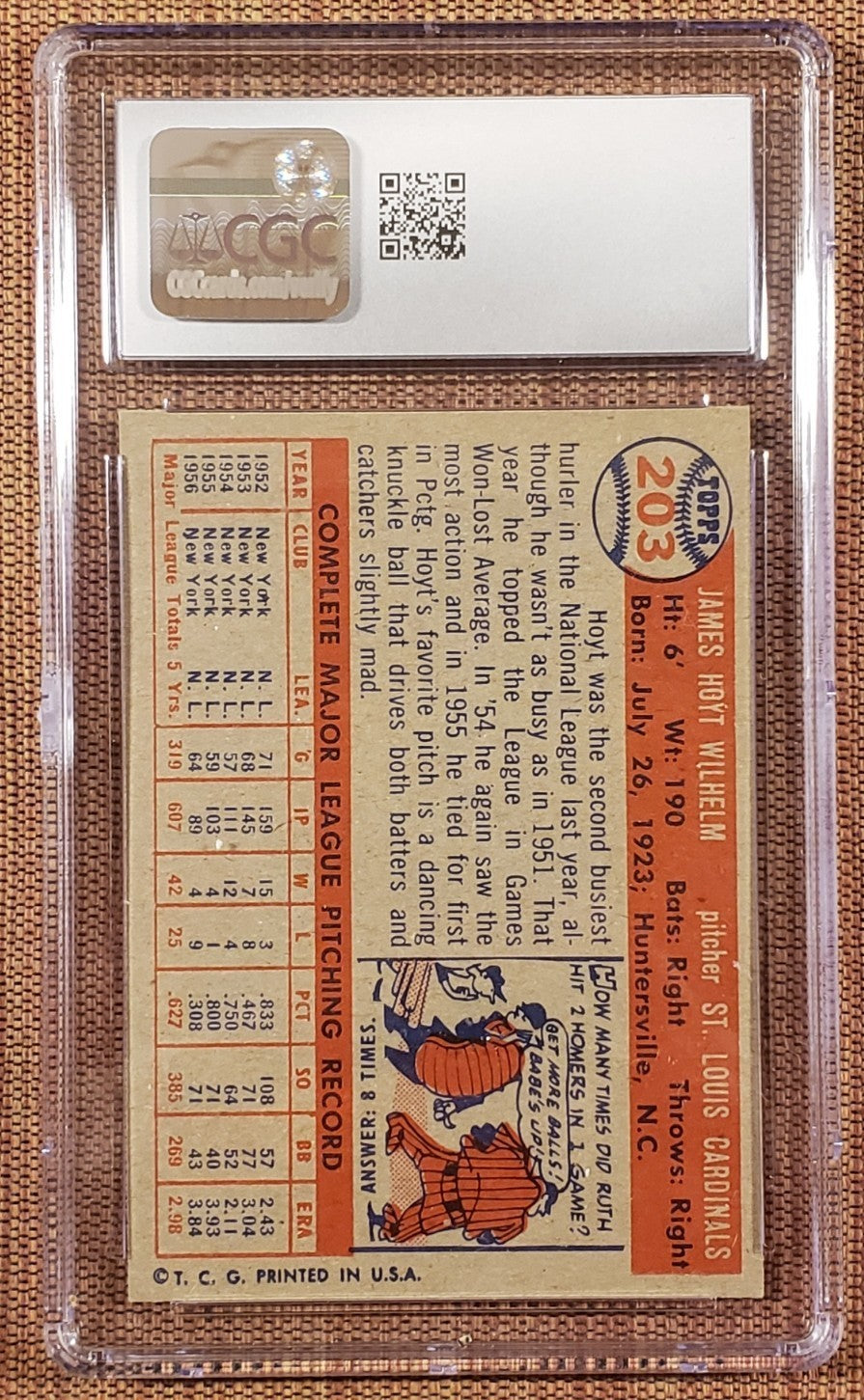 1957 Topps #203 Hoyt Wilhelm St. Louis Cardinals Baseball Card CGC 7 NM HOF1