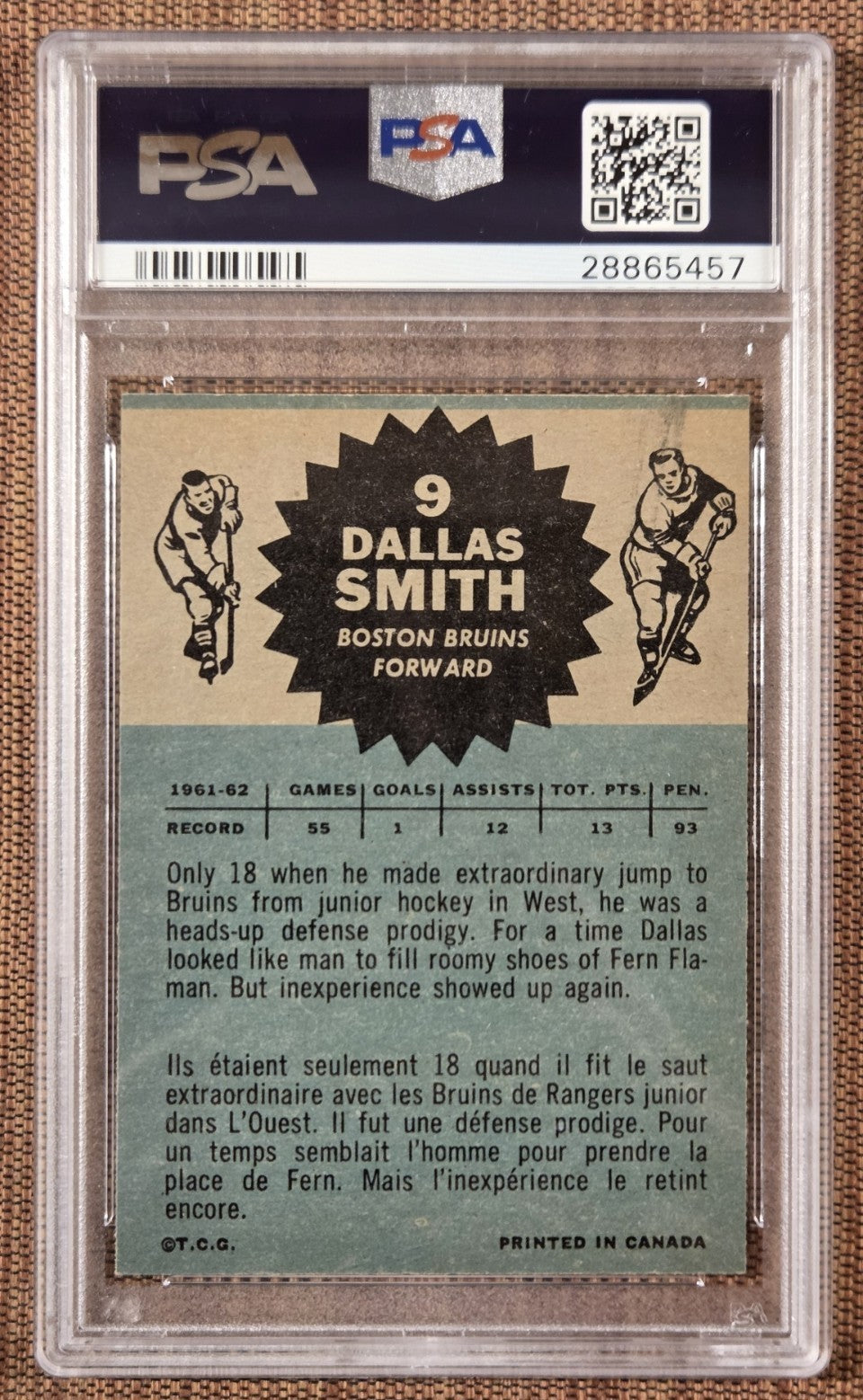 1962 Topps #9 Dallas Smith Boston Bruins Vintage Original Hockey Card PSA 9 Mint1