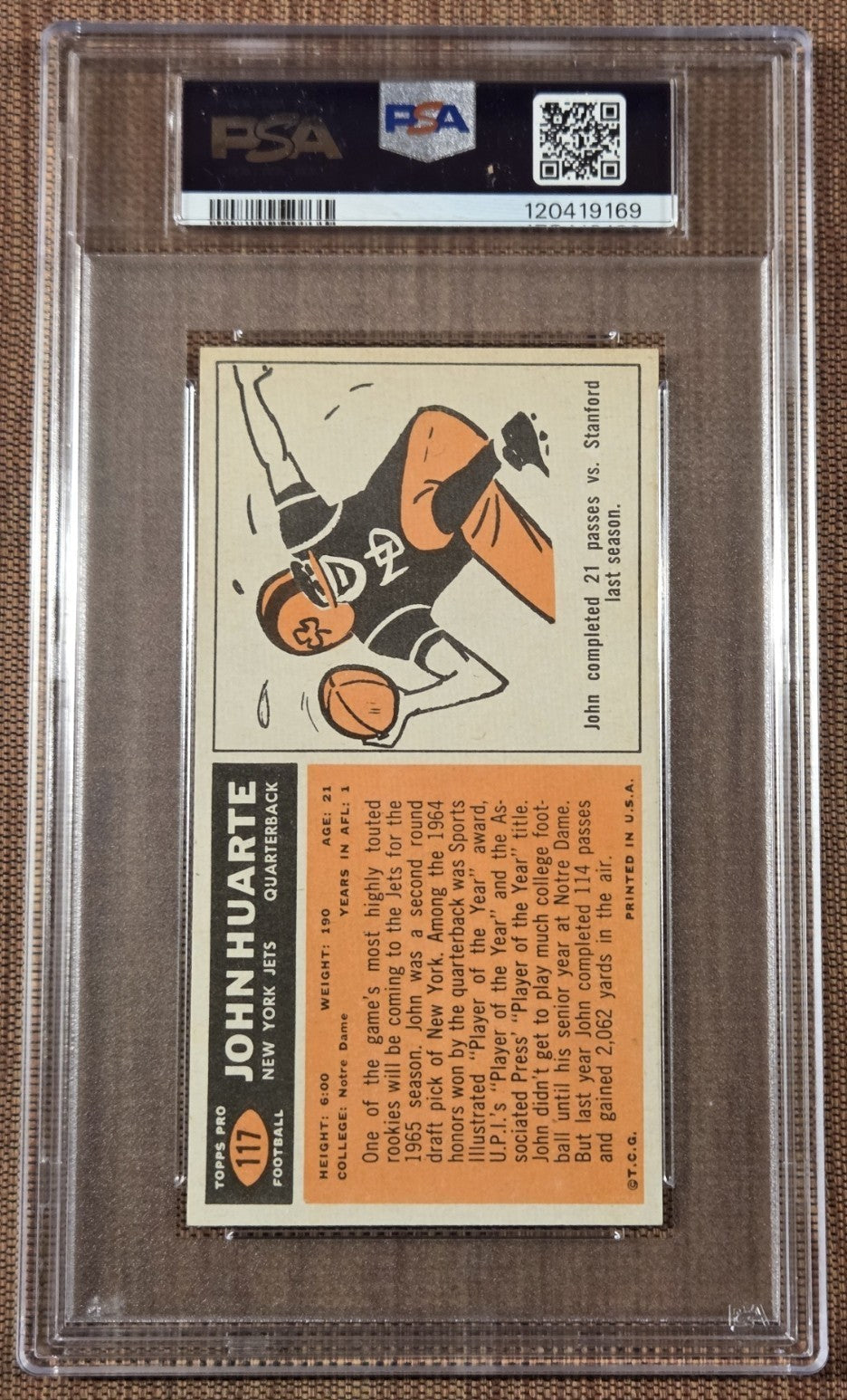 1965 Topps Tall #117 John Huarte New York Jets Rookie Football Card PSA 6 SP RC1
