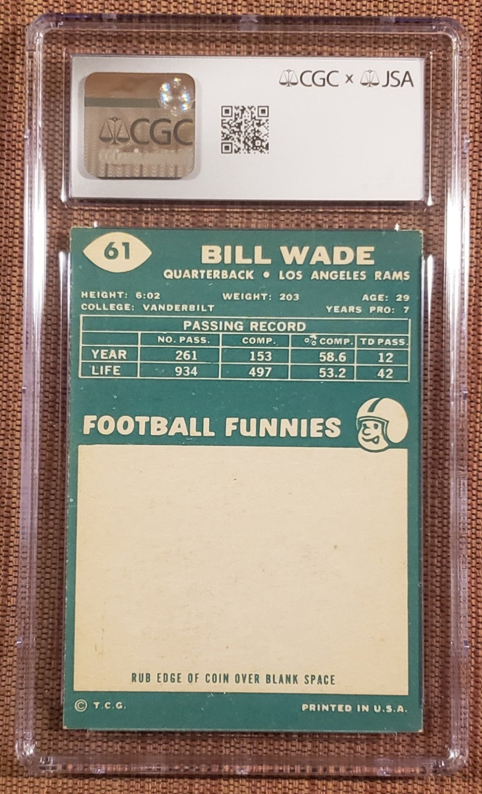 1960 Topps #61 Bill Wade Los Angeles Rams Football Card CGC 6 / JSA Auto Top Grd1