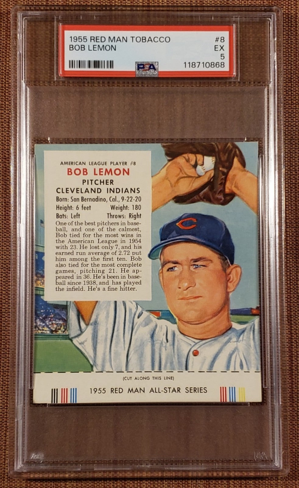 1955 Red Man Tobacco #8 Bob Lemon Cleveland Indians Original Baseball Card PSA 50