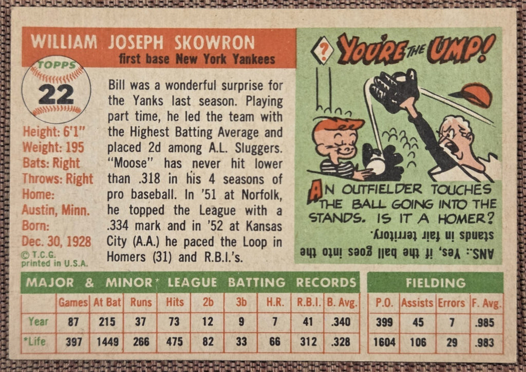 1955 Topps #22 Bill Skowron New York Yankees Authentic Original Baseball Card5