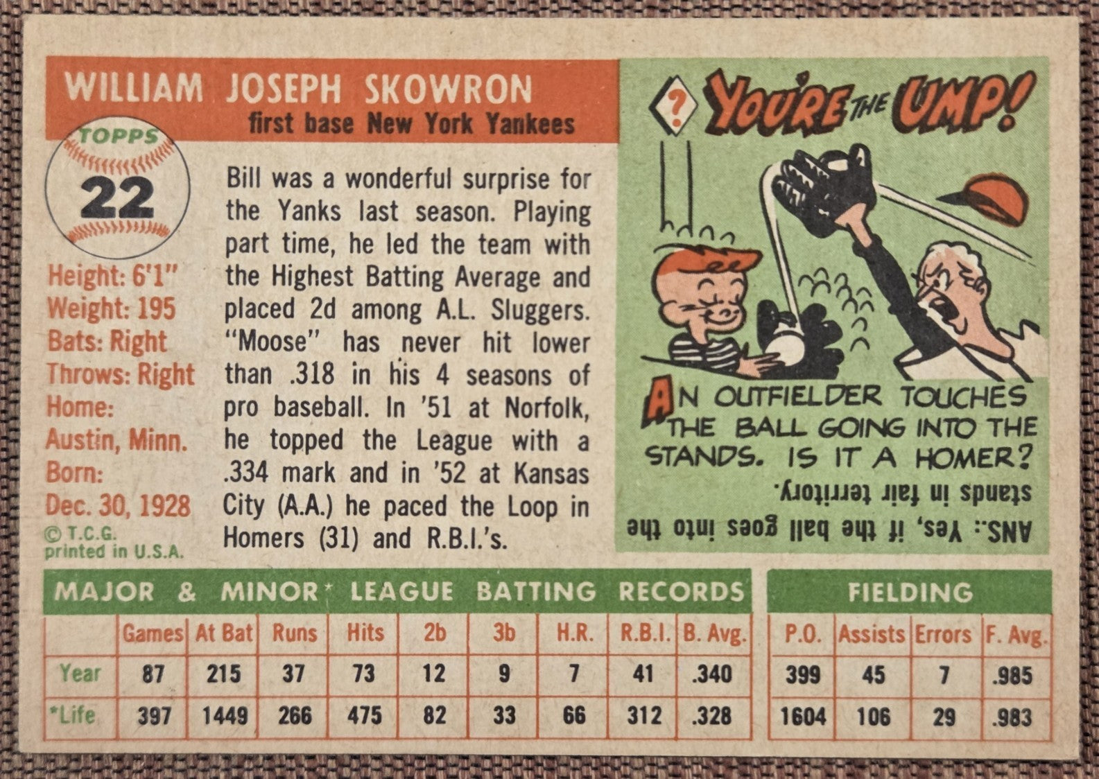 1955 Topps #22 Bill Skowron New York Yankees Authentic Original Baseball Card5