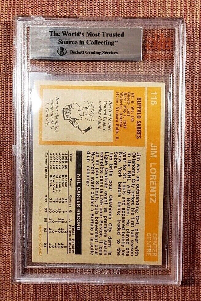 1972 O-Pee-Chee #116 Jim Lorentz Buffalo Sabres Hockey Card BVG 9 Mint Pop 11