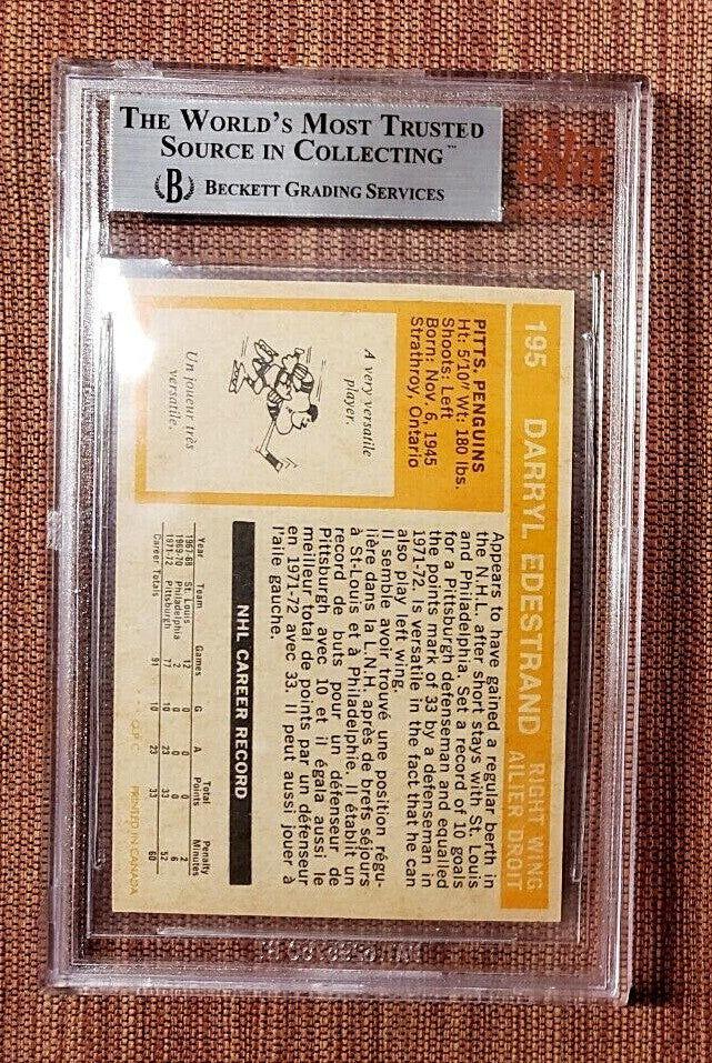 1972 O-Pee-Chee #195 Darryl Edestrand Penguins Hockey Card BVG 9 Mint POP 11