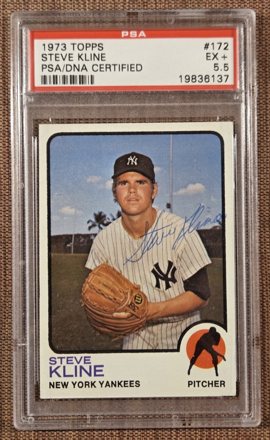 1973 Topps #172 Steve Kline New York Yankees Baseball Card PSA 5.5 / DNA AUTO0