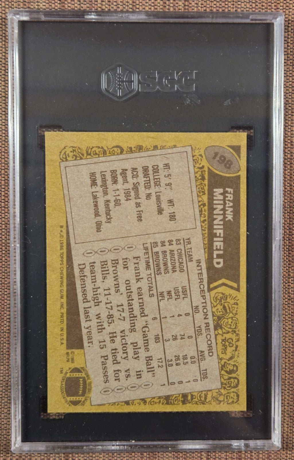 1986 Topps #198 Frank Minnifield Cleveland Browns Rookie Football Card SGC 9 RC1