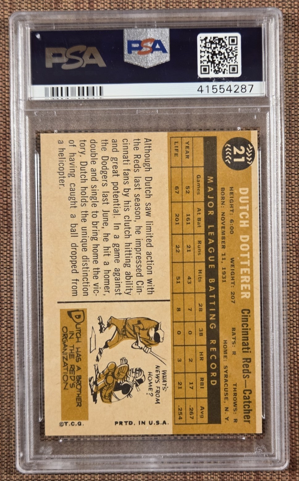 1960 Topps #21 Dutch Dotterer Cincinnati Reds Original Baseball Card PSA 7 NM1