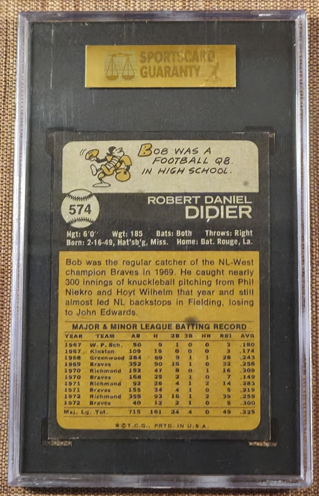 1973 Topps #574 Bob Didier Atlanta Braves Vintage Original Baseball Card SGC 7.51