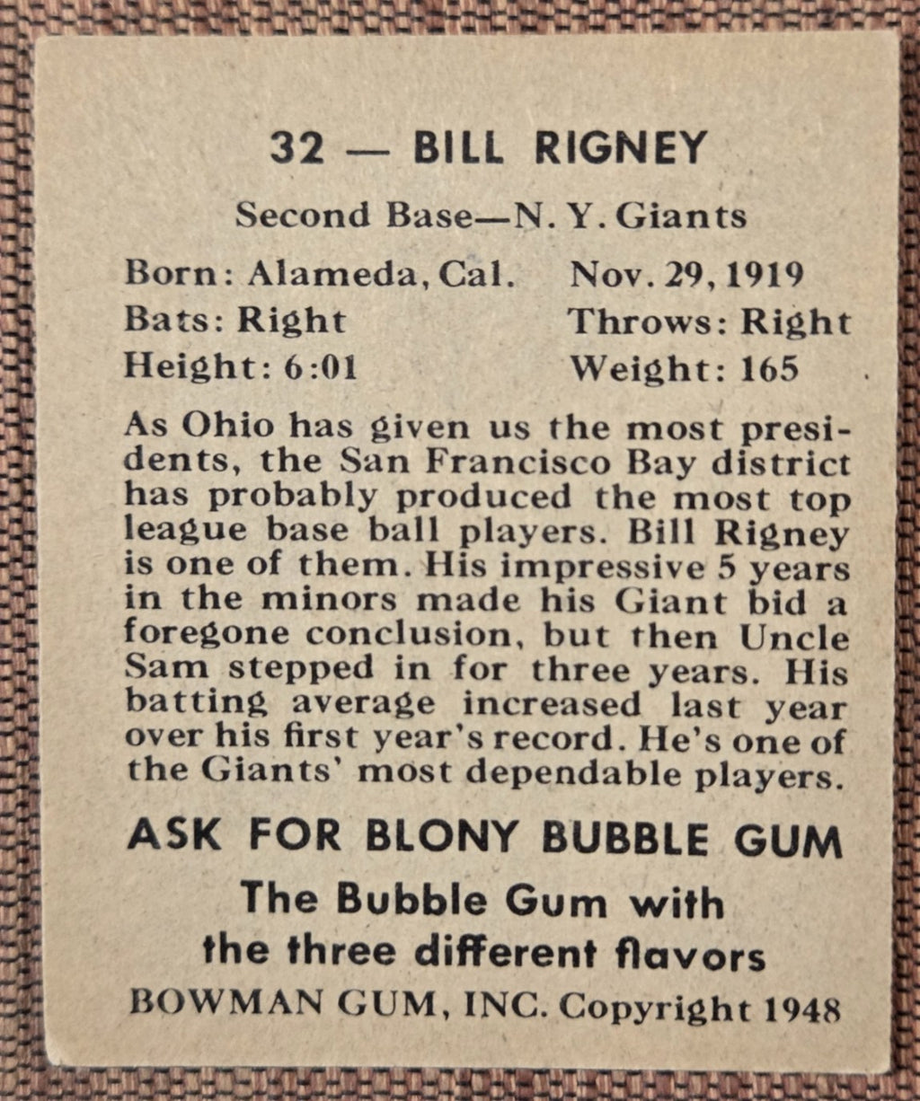 1948 Bowman #32 Bill Rigney New York Giants Original Rookie Baseball Card RC6