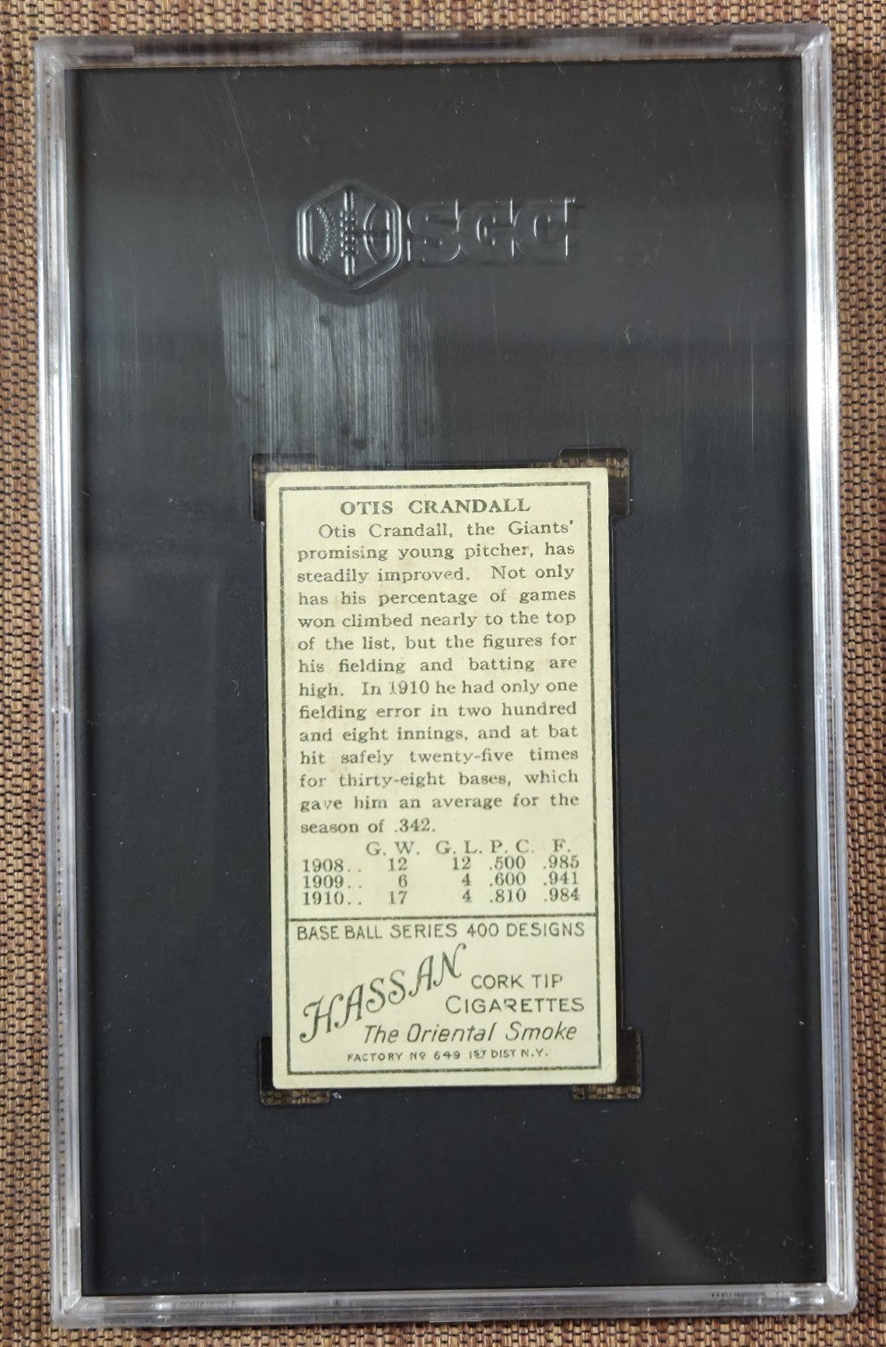 1911 T205 Otis Crandall T Crossed in Name New York Giants Baseball Card SGC 5 EX1