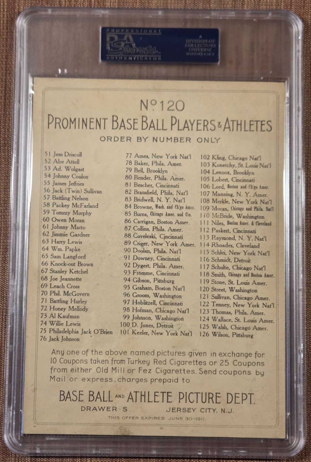 1911 Turkey Red Cabinets CL Back T3 Gabby Street Senators Baseball Cabinets PSA51