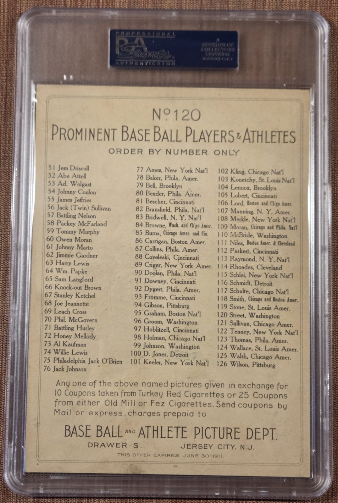 1911 Turkey Red Cabinets CL Back T3 Gabby Street Senators Baseball Cabinets PSA51