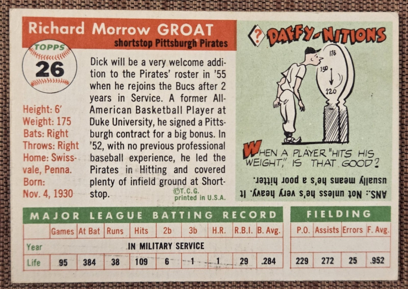 1955 Topps #26 Dick Groat Pittsburgh Pirates Authentic Original Baseball Card5