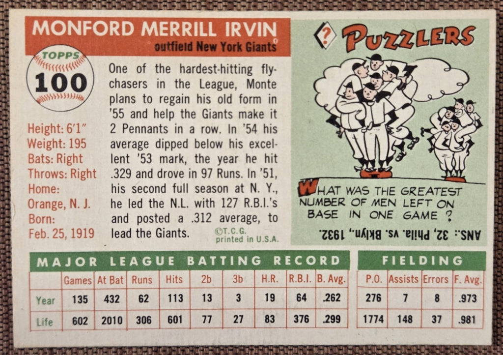 1955 Topps #100 Monte Irvin New York Giants Vintage Original Baseball Card HOF5