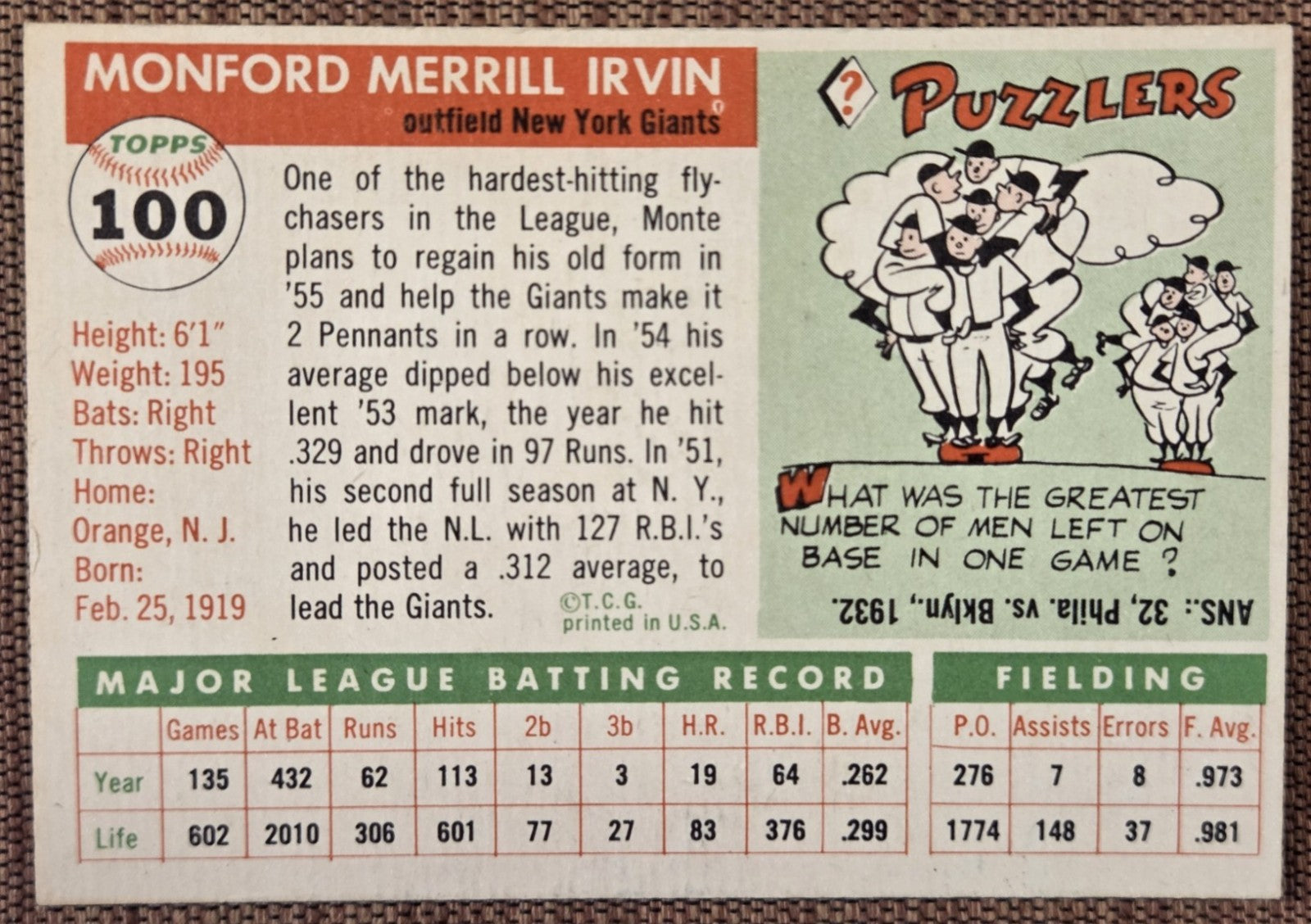 1955 Topps #100 Monte Irvin New York Giants Vintage Original Baseball Card HOF5