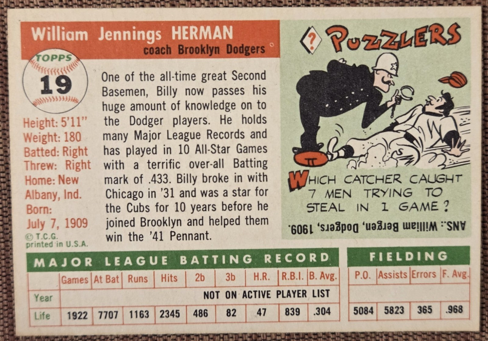 1955 Topps #19 Billy Herman Brooklyn Dodgers Authentic Original Baseball Card5