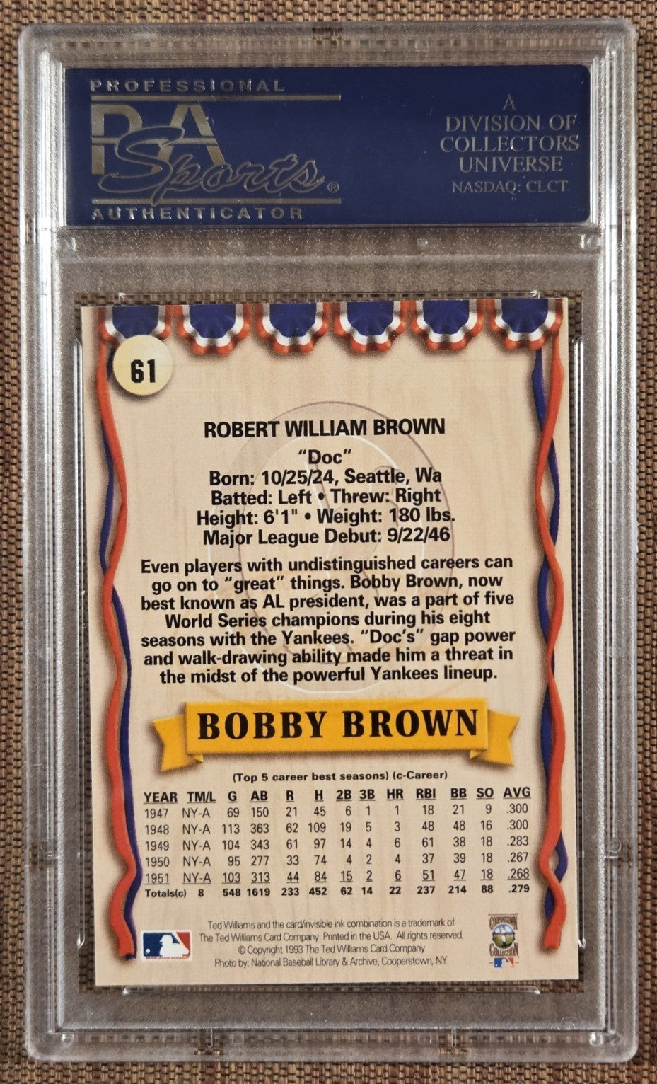 1993 Ted Williams #61 Bobby Brown New York  Yankees Baseball Card PSA6/DNA AUTO1