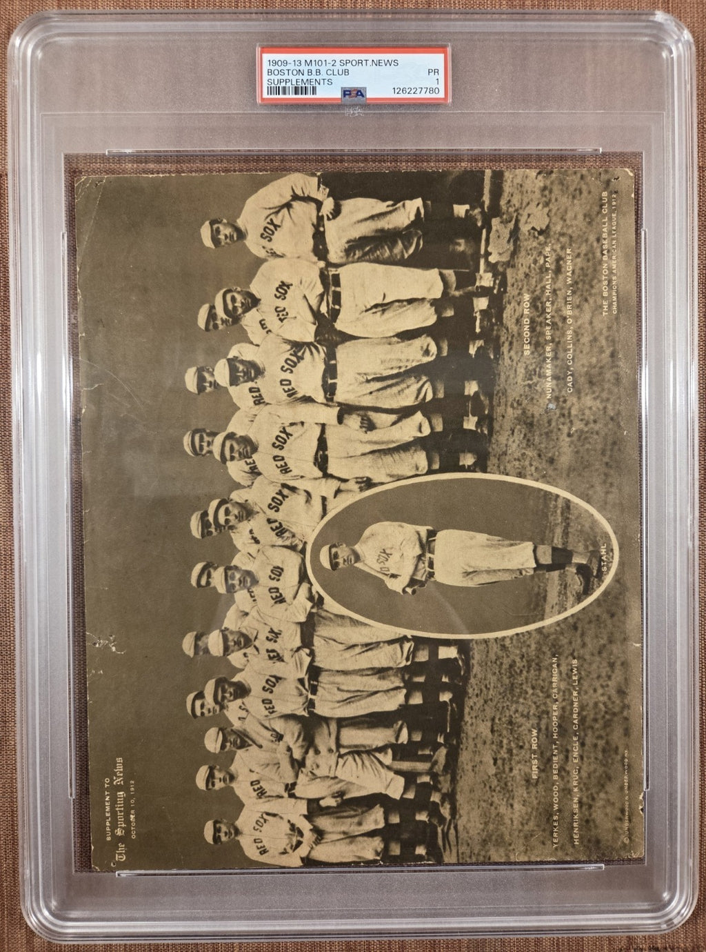 1909 Sporting News M101-2 Red Sox Baseball Team Tris Speaker Cicotte Wood PSA 10