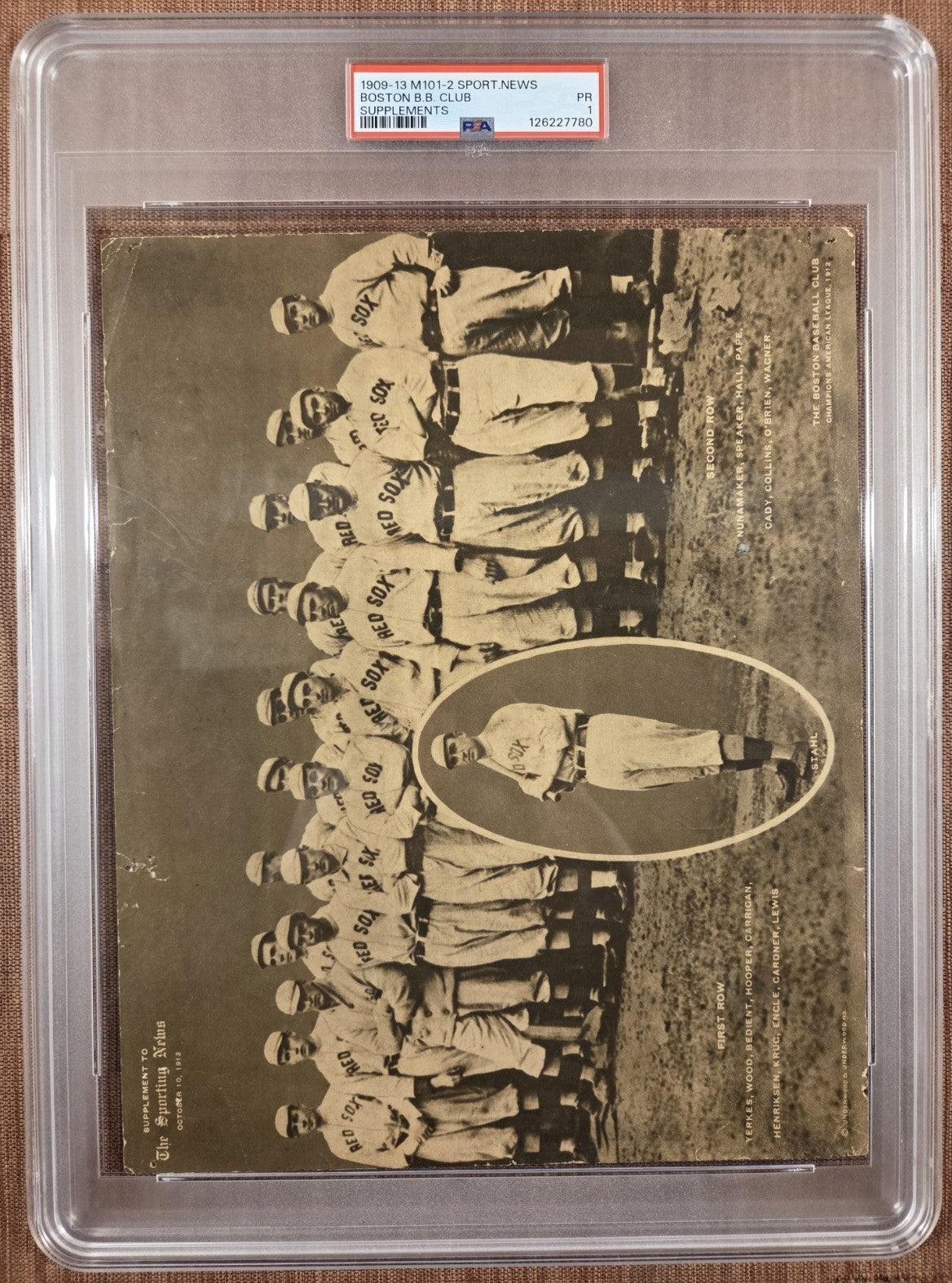 1909 Sporting News M101-2 Red Sox Baseball Team Tris Speaker Cicotte Wood PSA 10