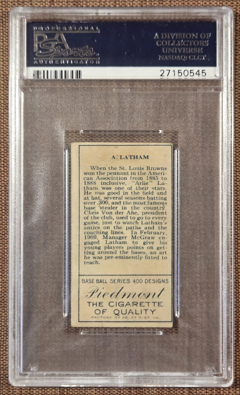 1911 Gold Border T205 Arlie Latham Browns New York Giants Baseball Card PSA 41