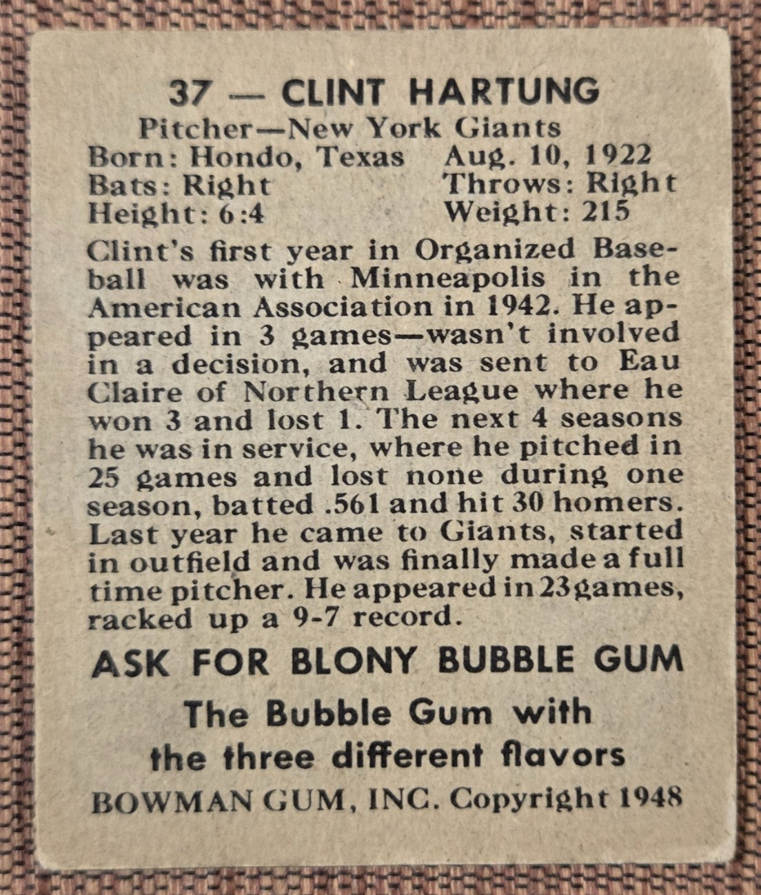 1948 Bowman #37 Clint Hartung New York Giants Original Rookie Baseball Card RC5