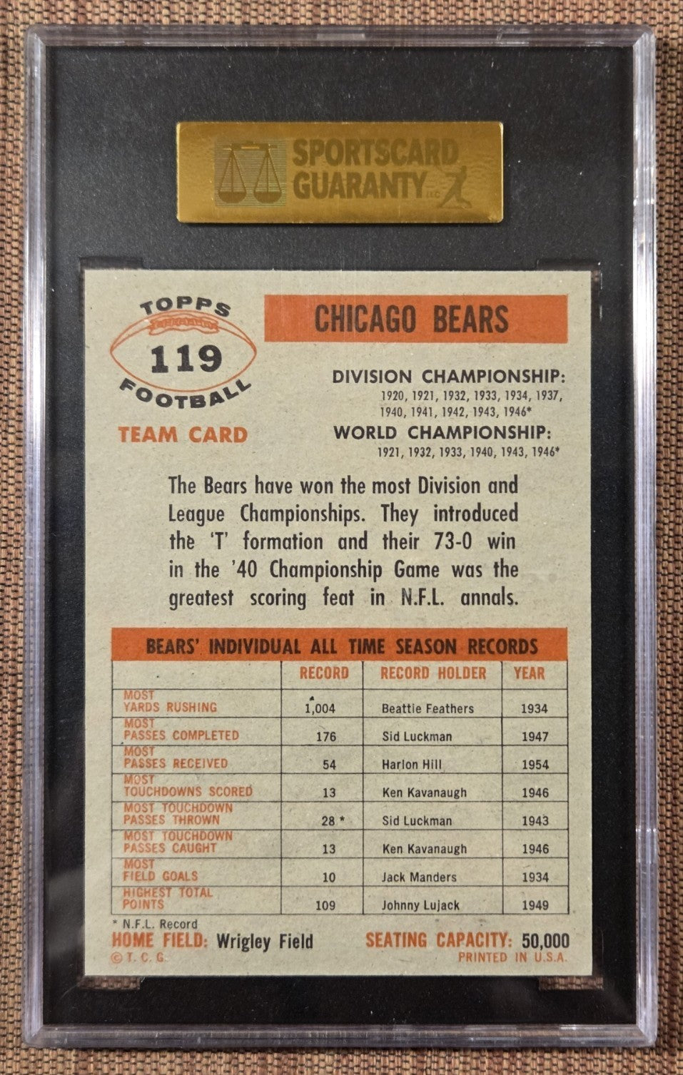 1956 Topps #119 Chicago Bears Football Card SGC 8.5 Blanda Sumner Connor George1