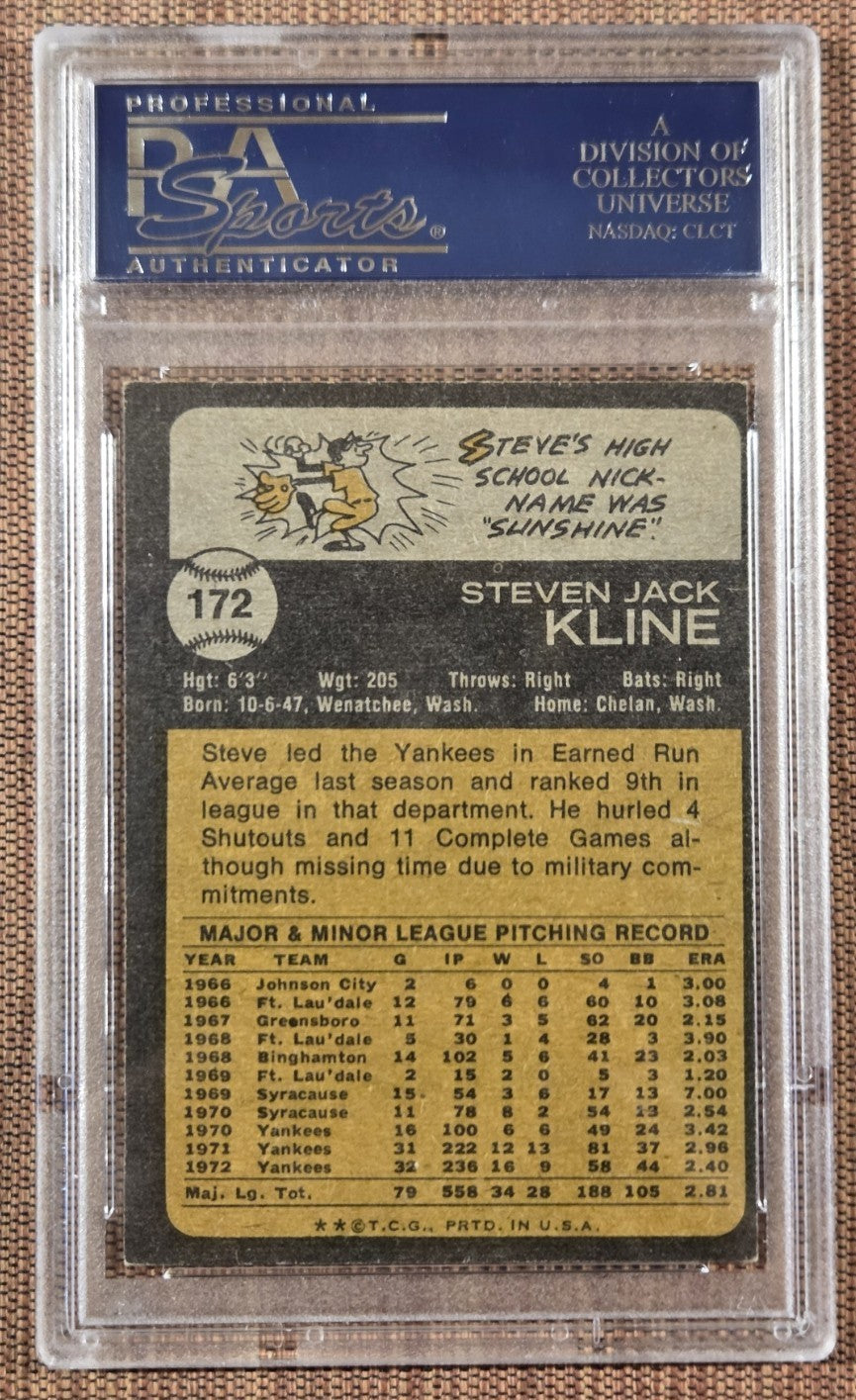 1973 Topps #172 Steve Kline New York Yankees Baseball Card PSA 5.5 / DNA AUTO1