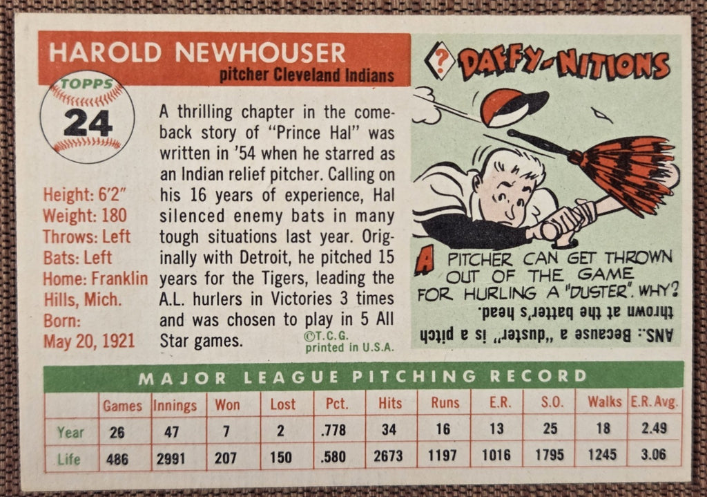 1955 Topps #24 Hal Newhouser Cleveland Indians Authentic Original Baseball Card5