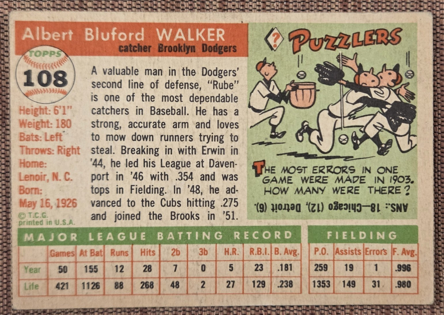 1955 Topps #108 Rube Walker Brooklyn Dodgers Authentic Original Baseball Card5