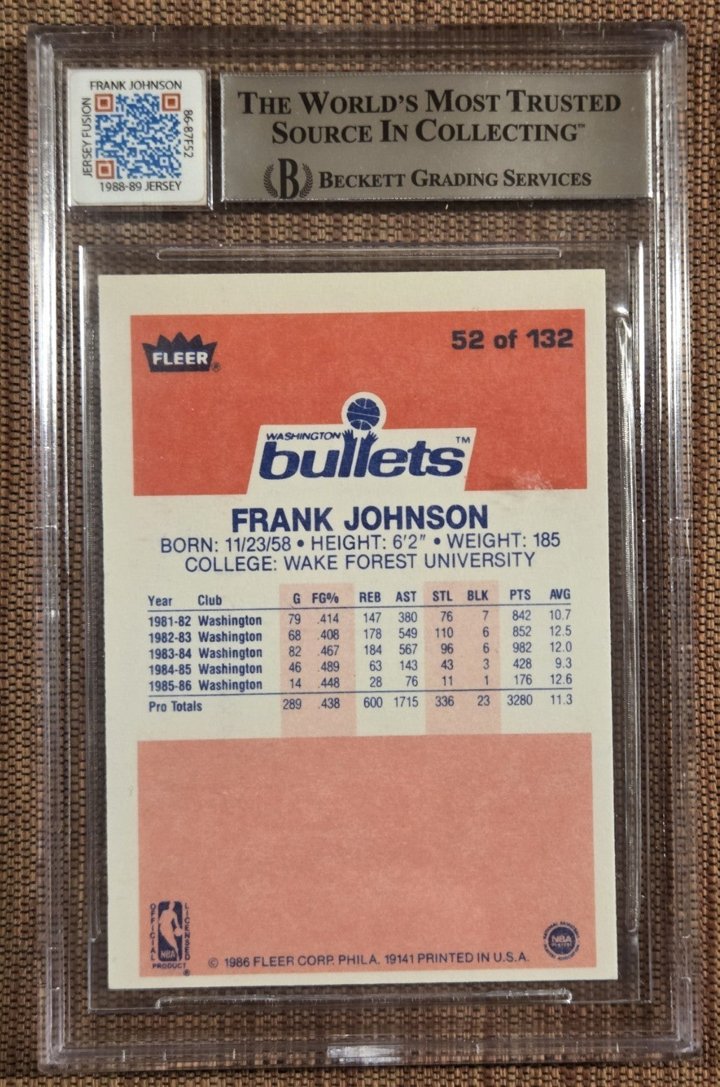 1986 Fleer #52 Frank Johnson Bullets Rookie Basketball Card BGS Auto 10 RPA RC1