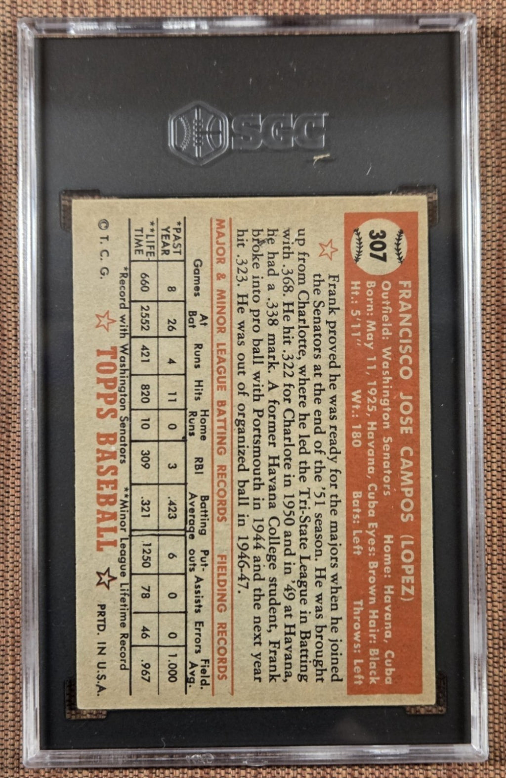1952 Topps Black Star #307 Frank Campos #307 Senators Baseball Card SGC 5 Error1