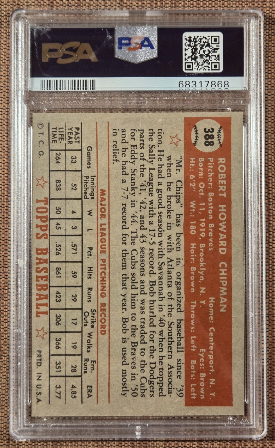 1952 Topps #388 Bob Chipman Boston Braves Original Baseball Card PSA 9 OC1
