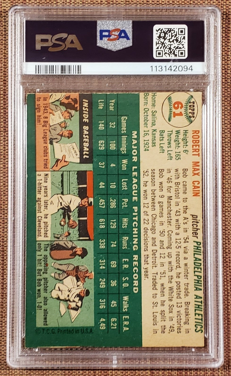 1954 Topps #61 Bob Cain Philadelphia Athletics Original Baseball Card PSA 7 MC1