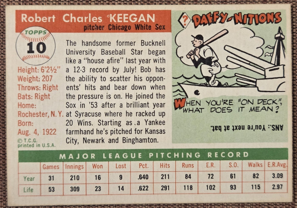 1955 Topps #10 Bob Keegan Chicago White Sox Authentic Original Baseball Card5
