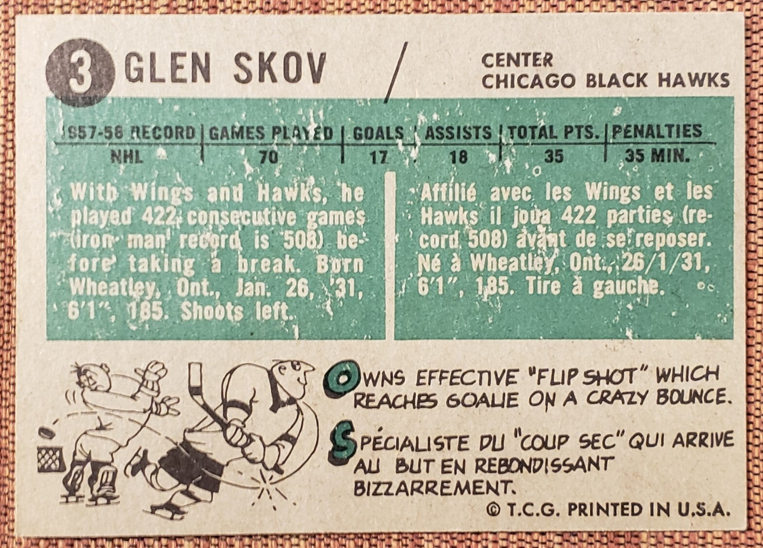 1958-59 Topps #3 Glen Skov Chicago Blackhawks Authentic Original Hockey Card3