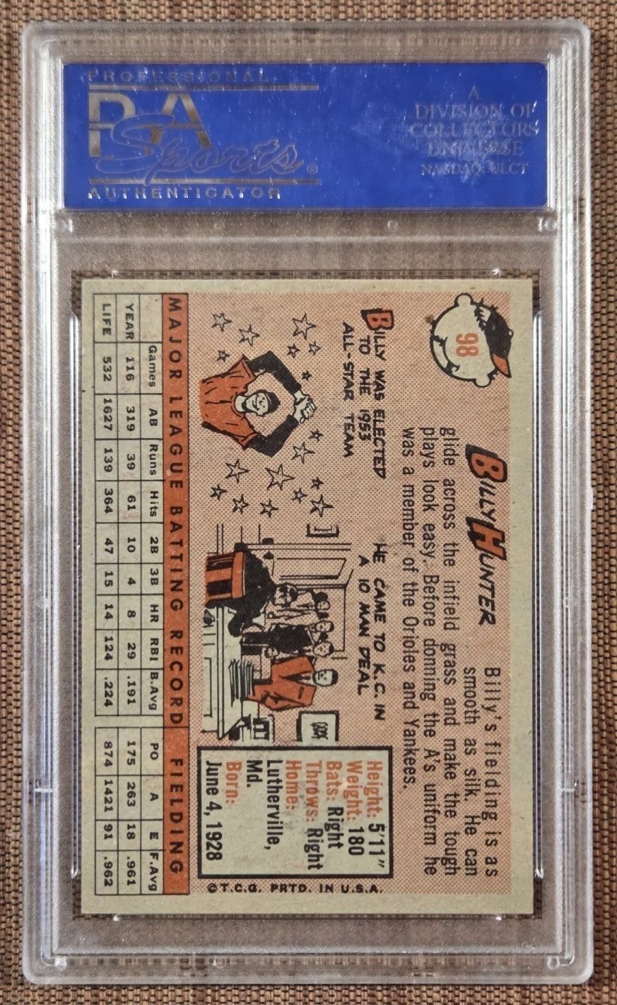 1958 Topps Whine Name #98 Billy Hunter Kansas City Athletics Baseball Card PSA 71