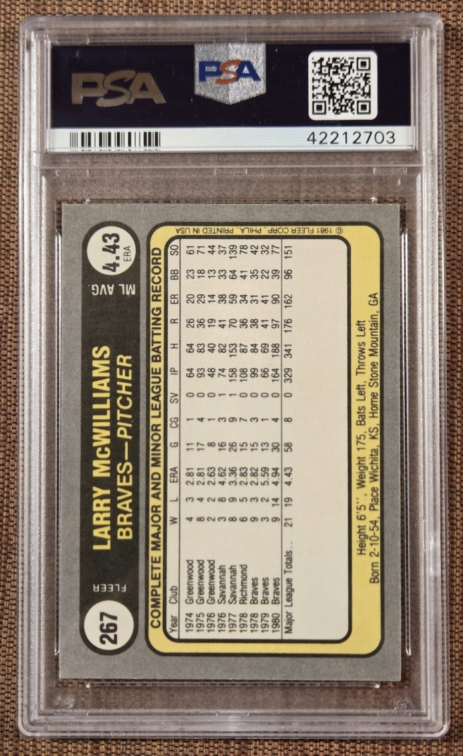 1981 Fleer #267 Larry McWilliams Atlanta Braves Original Baseball Card PSA9 Mint1