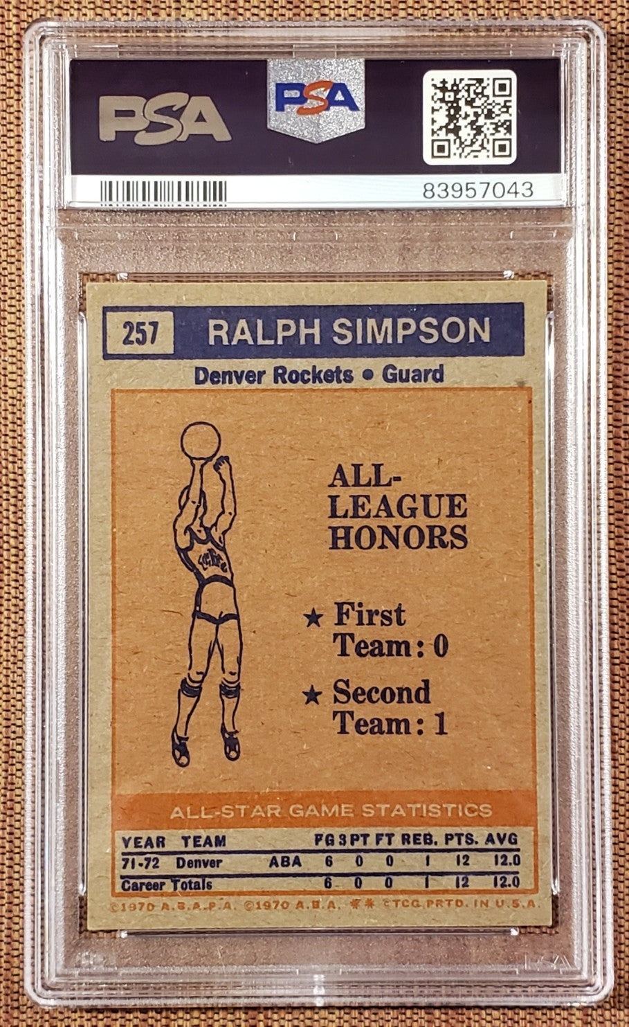 1972 Topps #257 Ralph Simpson Denver Rockets Original Basketball Card PSA 7 NM1