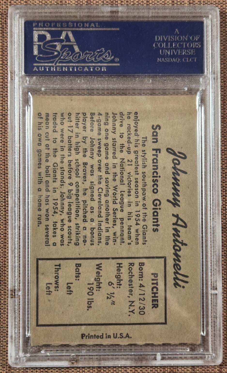 1958 Hires Root Beer Test No Tab Jonny Antonelli SF Giants Baseball Card PSA 41