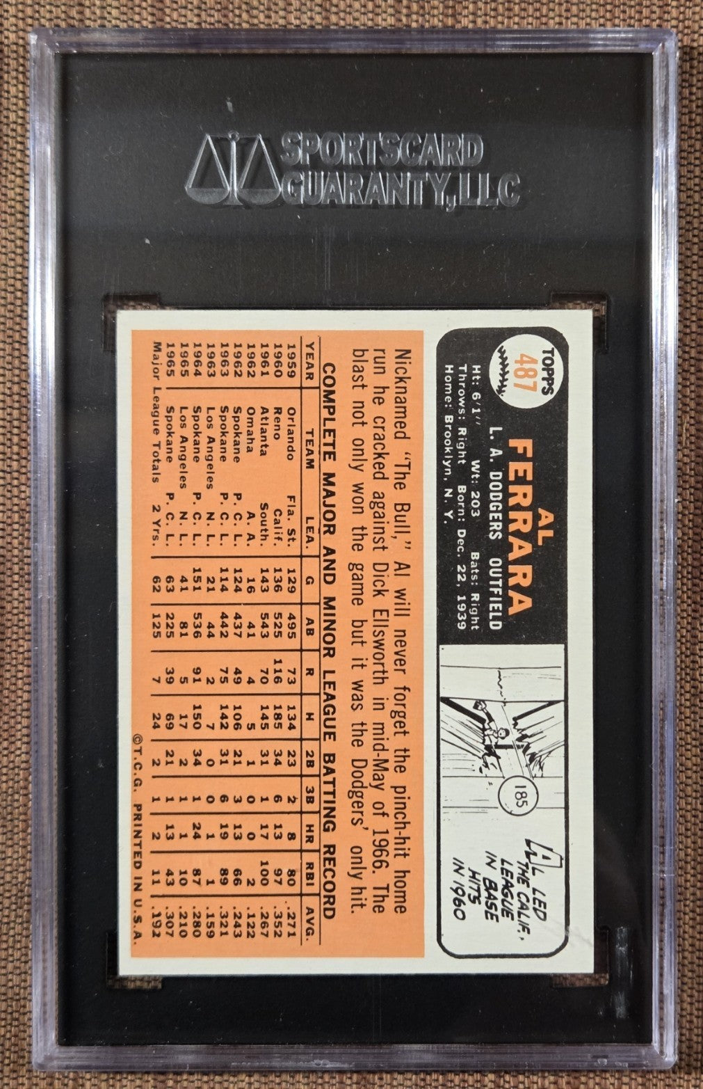 1966 Topps #487 Al Ferrara Los Angeles Dodgers Vintage Baseball Card SGC 9 Mint1